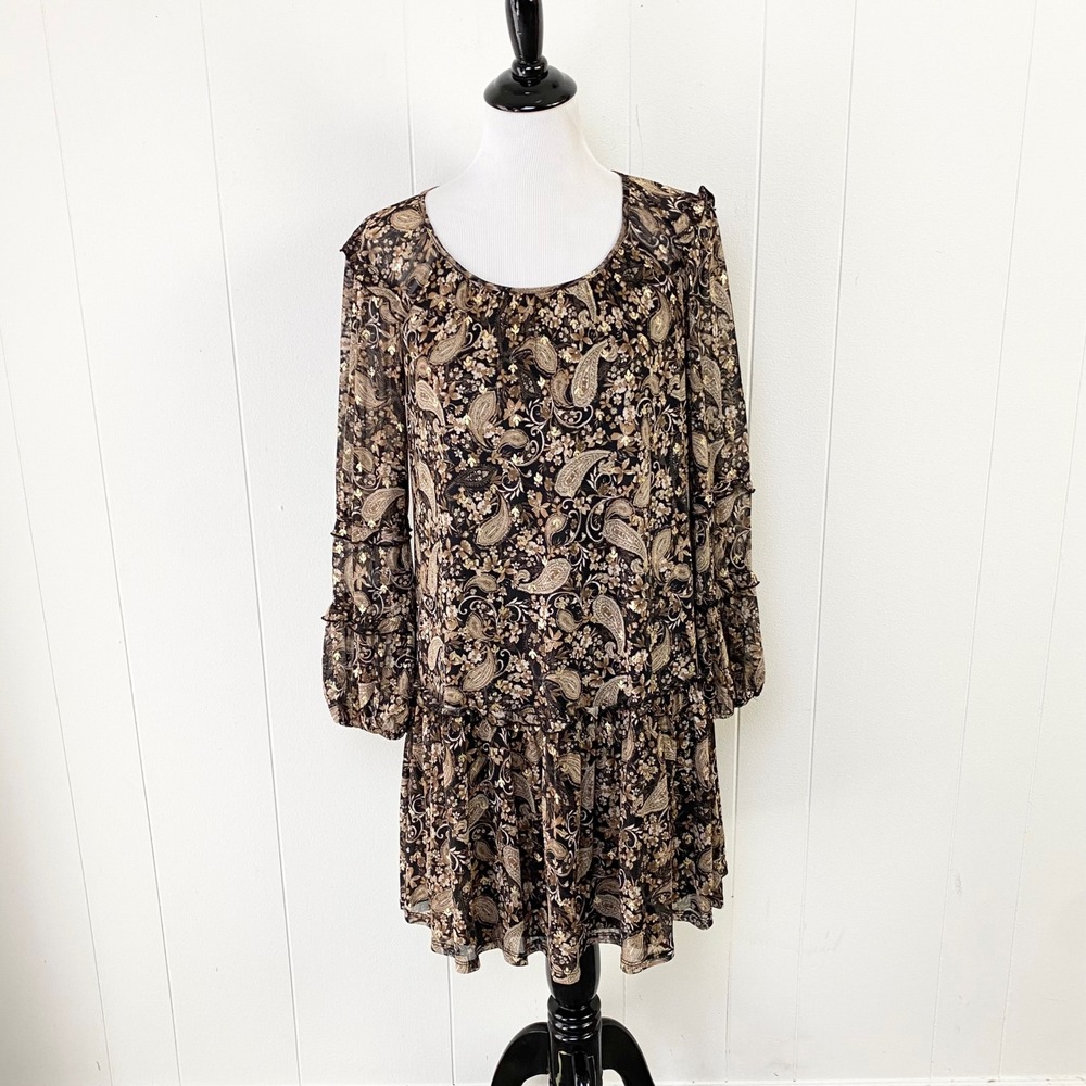 Harper 241 Brown Gold Paisley Floral Mesh Tiered Ruffle Dress Size S Whimsygoth